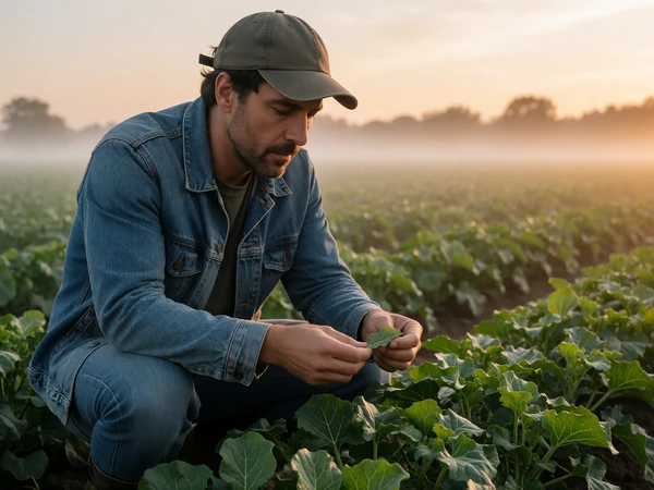 Adult man farmer inspecting green crops at dawn in a misty field