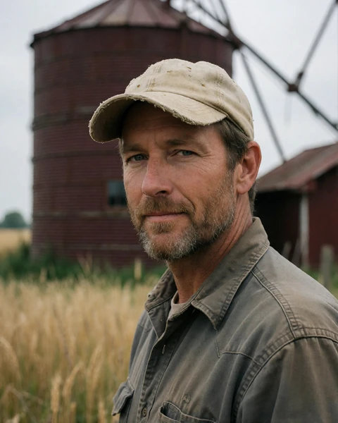 Adult man in a ball cap standing near a grain silo in Reno County, Kansas