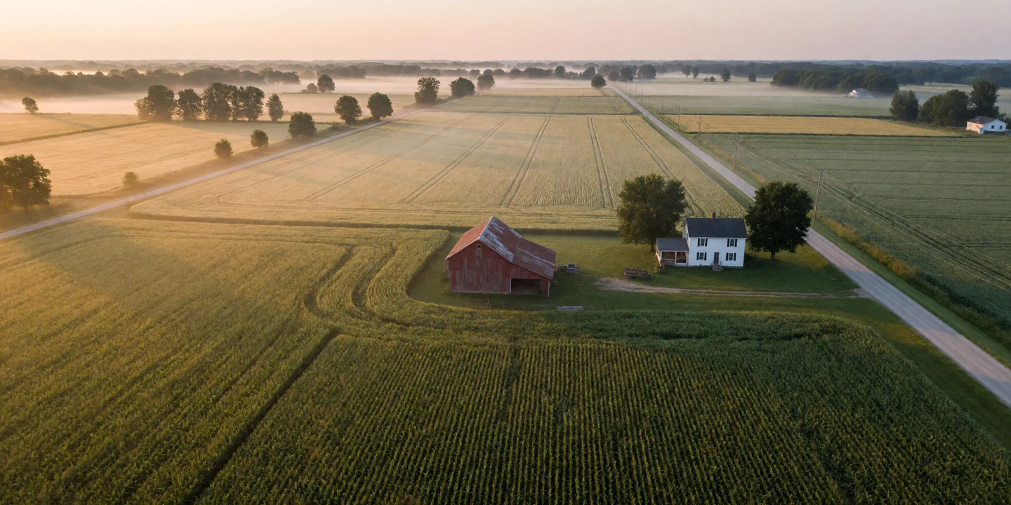 Aerial view of rural American farmland at dawn with a red barn and patchwork crop fields