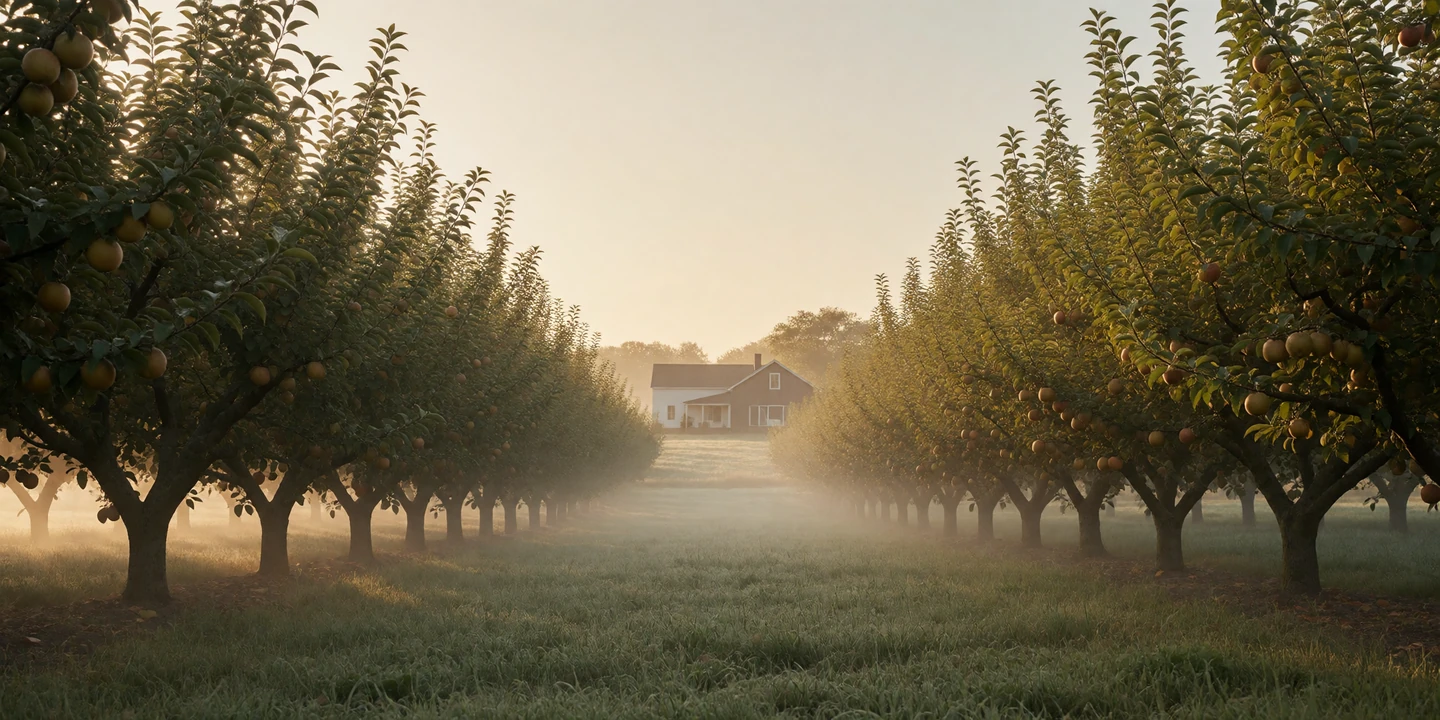 Peaceful rural orchard in morning sunlight for Jewish farmers dating