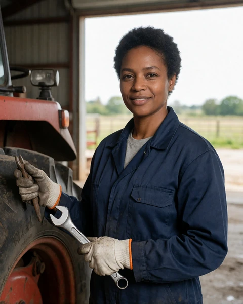 Woman farm machinery mechanic holding tools near a tractor for agricultural singles dating