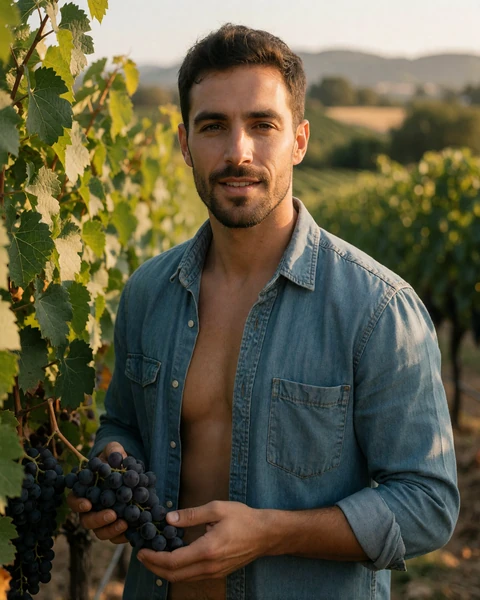 Adult man farmer standing among grapevines in a California vineyard