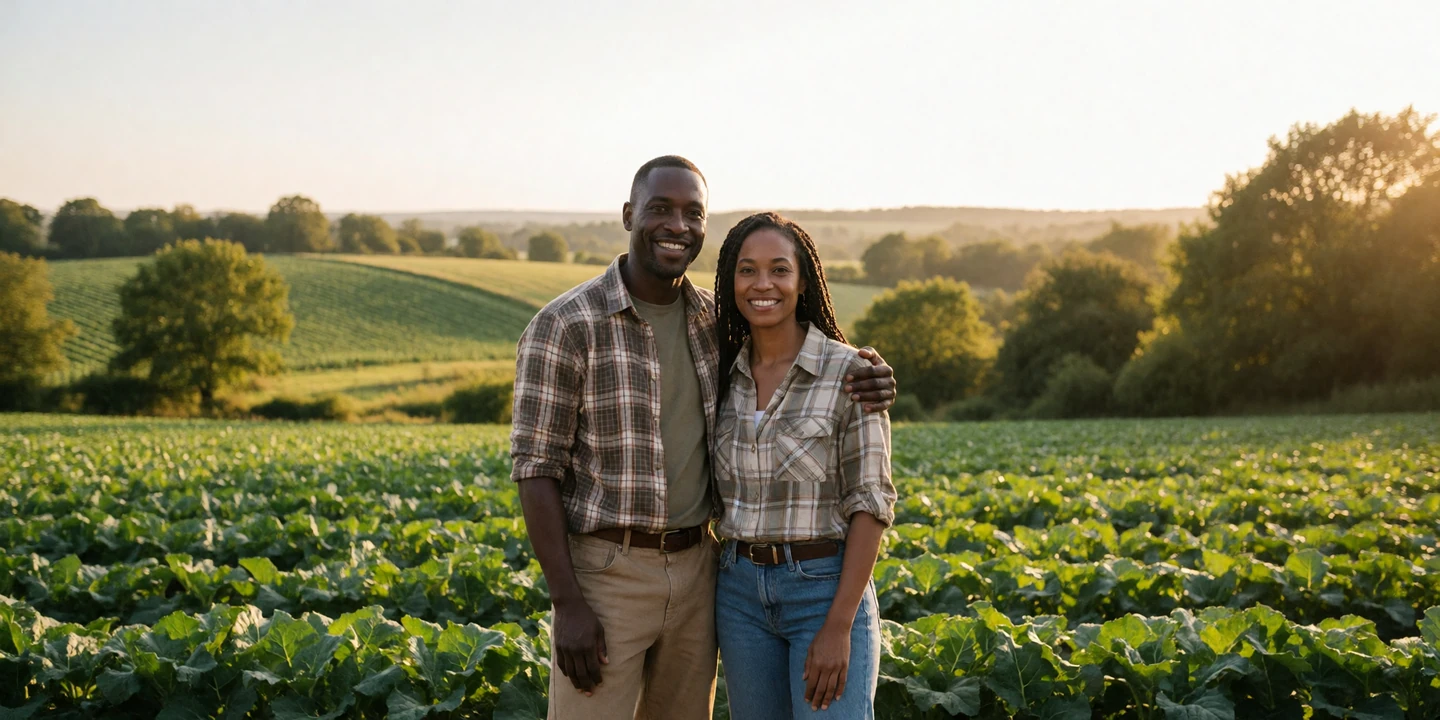 Black farmer couple standing together in a green farm field at golden hour