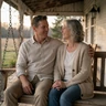 Adult couple in their fifties sitting on a farmhouse porch swing