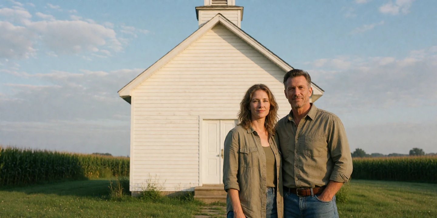 Christian farmer couple standing together outside a small white country church