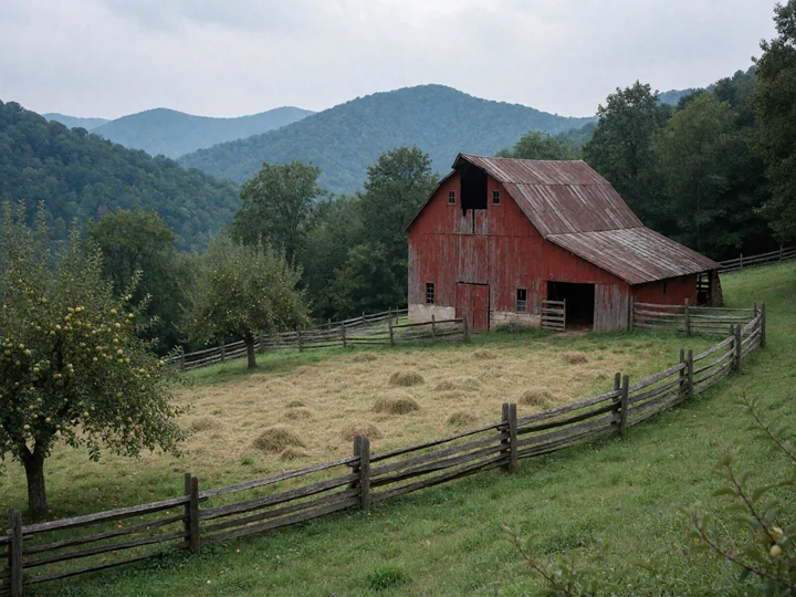 Sloped West Virginia pasture with barn and Appalachian ridges behind a mountain farm