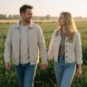 Adult man and woman in their thirties holding hands while walking through a green field