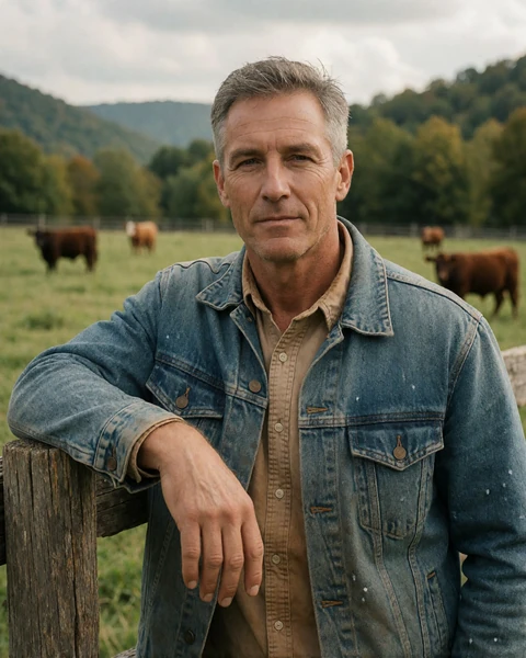 Adult man rancher in a denim jacket leaning on a wooden fence with Ozark hills behind him