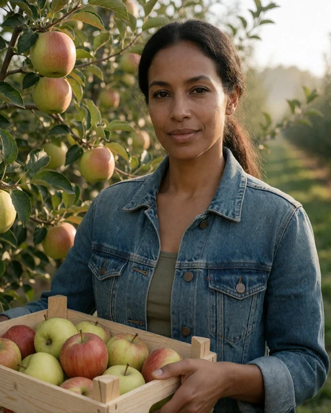 Adult woman farmer holding a crate of apples in an orchard