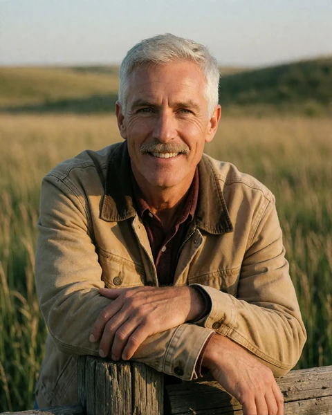 Adult man leaning on a wooden fence post in the Kansas Flint Hills at golden hour
