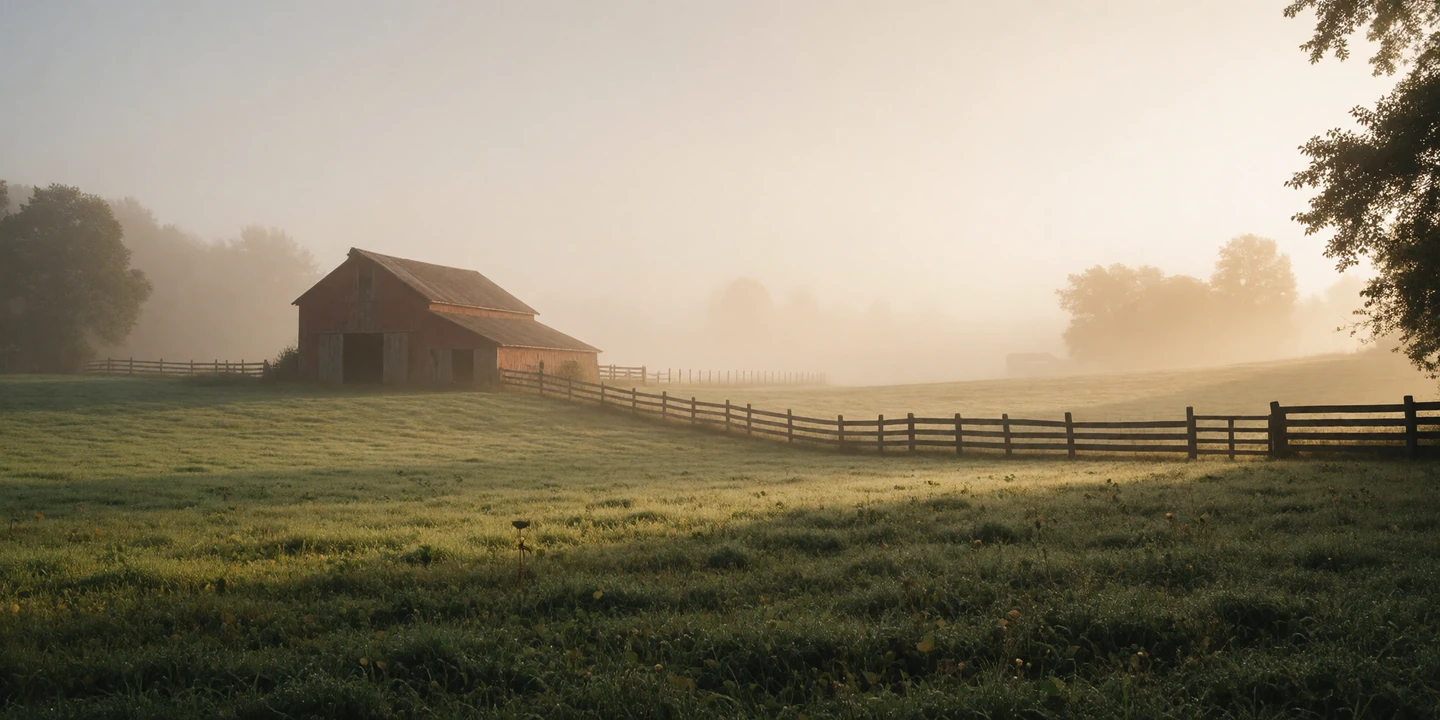 Misty morning over a quiet farm field with a red barn in the distance