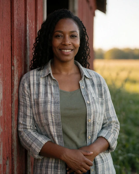Adult Black woman farmer smiling near a red barn