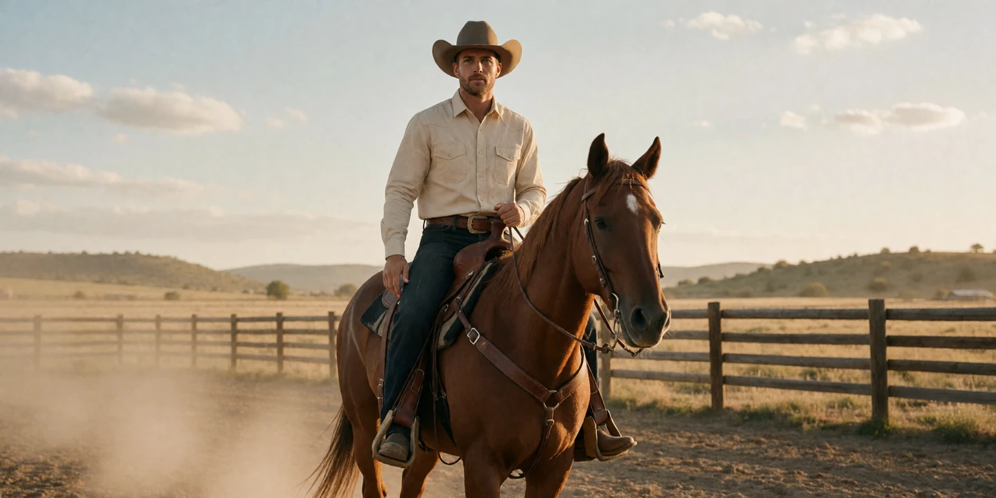 Adult cowboy riding a horse across a dusty ranch plain at golden hour for dating a cowboy