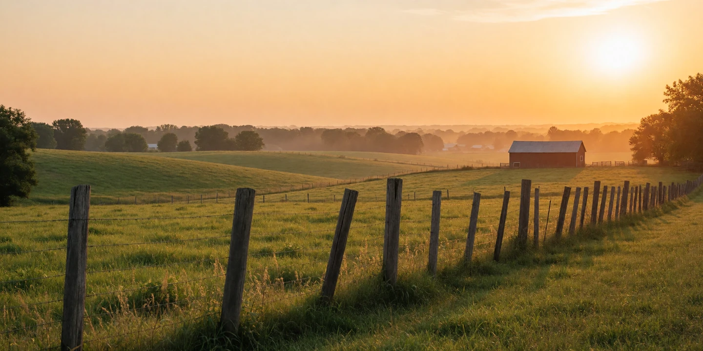 Golden hour sunlight over rolling green pastures with a wooden fence in rural America