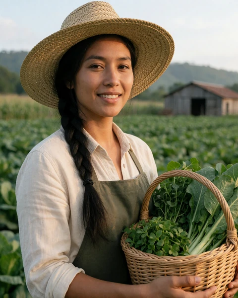 Asian woman farmer in a sun hat holding harvested greens on a rural farm