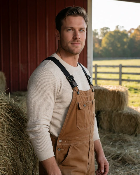 Adult man farmer in overalls standing near a red barn on a West Virginia farm
