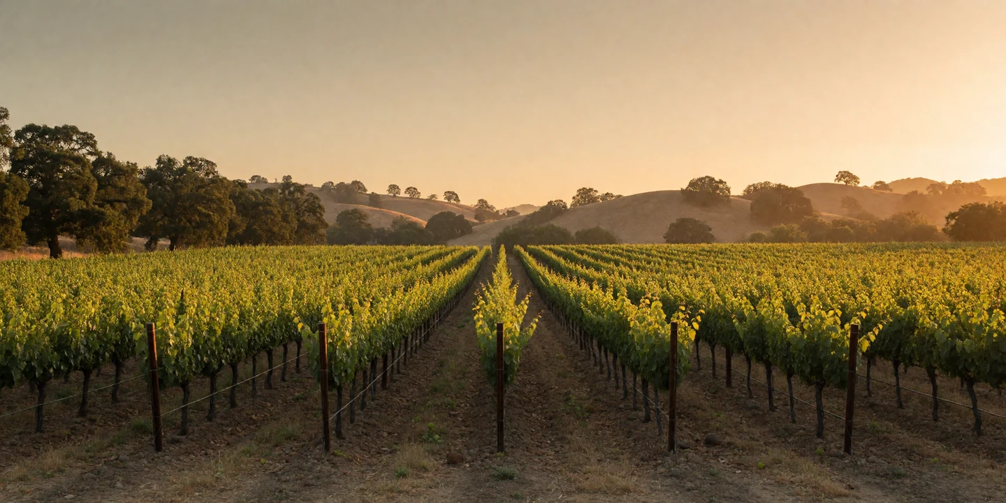 Long rows of green grapevines in a California vineyard glowing under a golden sunset