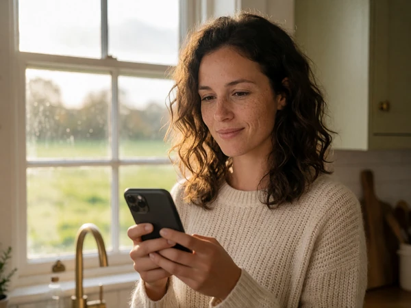 Adult woman looking at her phone near a farmhouse kitchen window in soft morning light