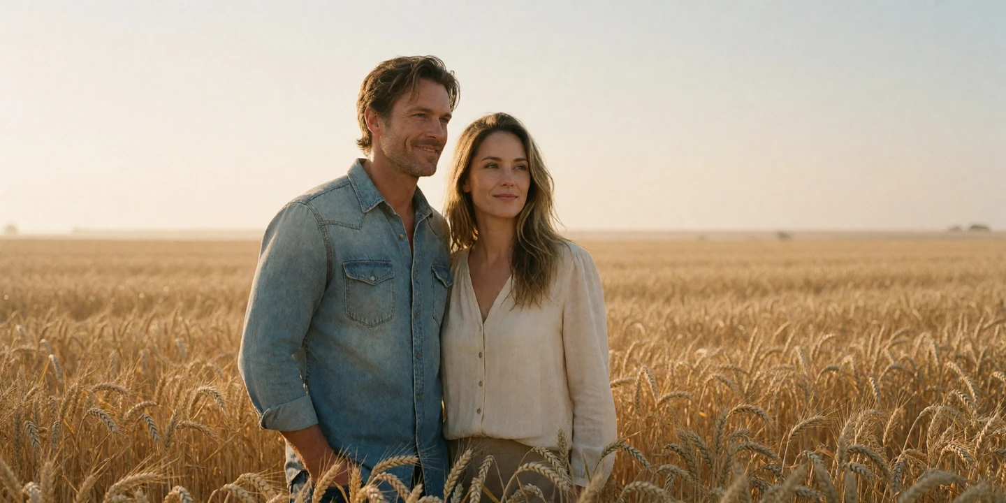 Adult man and woman couple standing together in a golden Kansas wheat field at sunrise