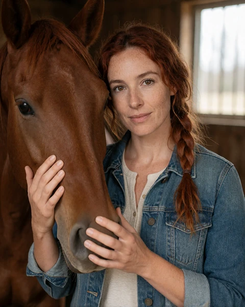 Adult woman in a denim jacket petting a chestnut horse inside a wooden stable