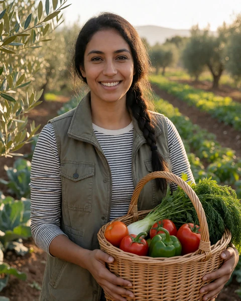 Adult woman farmer holding a basket of fresh produce at a California farm