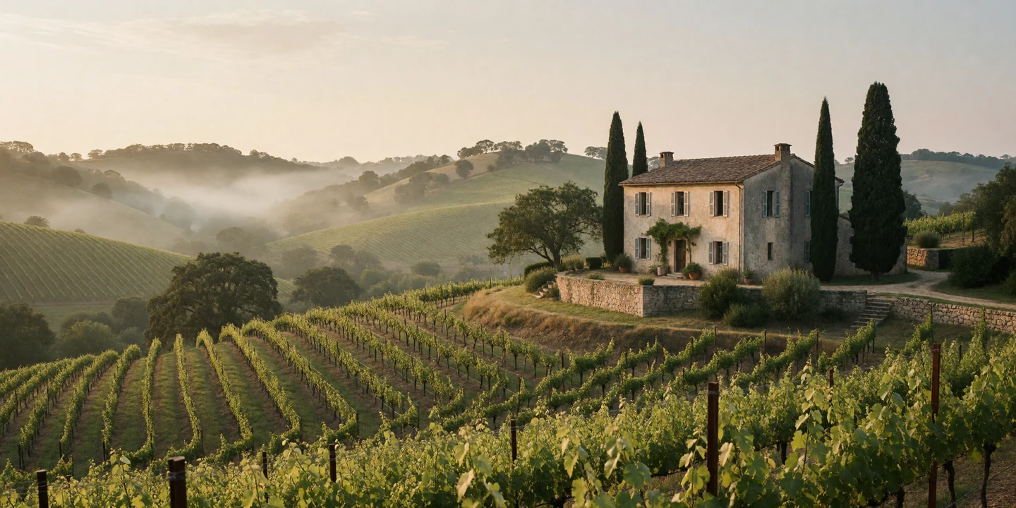 Stone farmhouse beside a terraced vineyard and rolling hills at golden hour in rural America