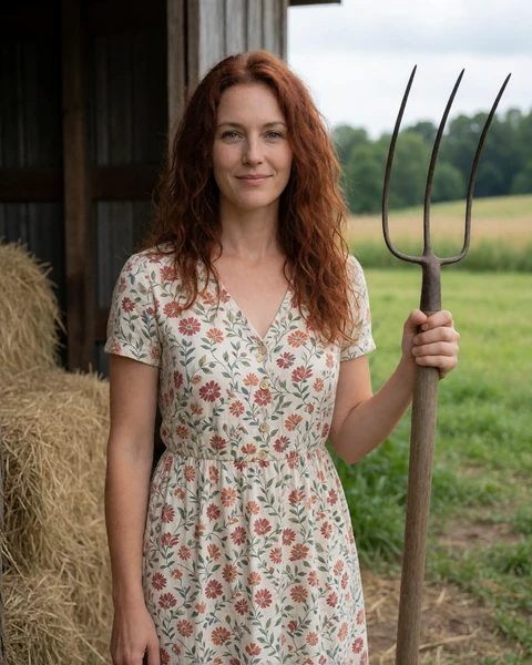 Adult woman farmer in a floral dress holding a pitchfork beside a hay barn on a green Tennessee farm