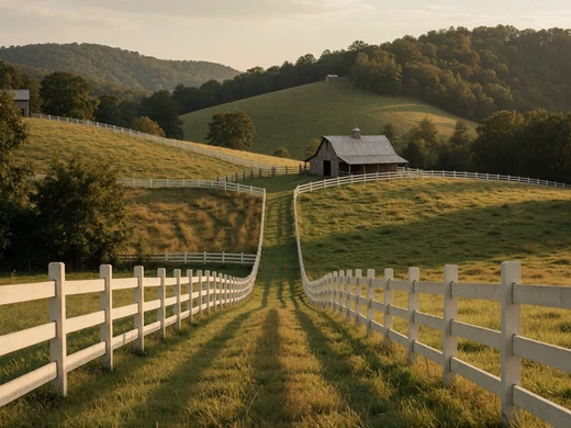 Tennessee rolling farm hills with fencing and a small barn in warm light