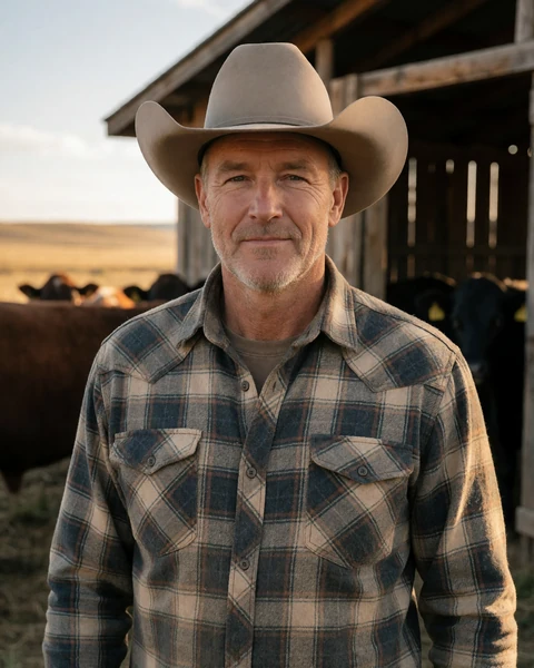 Adult man cattle farmer in a cowboy hat and flannel shirt standing near a barn on Montana plains