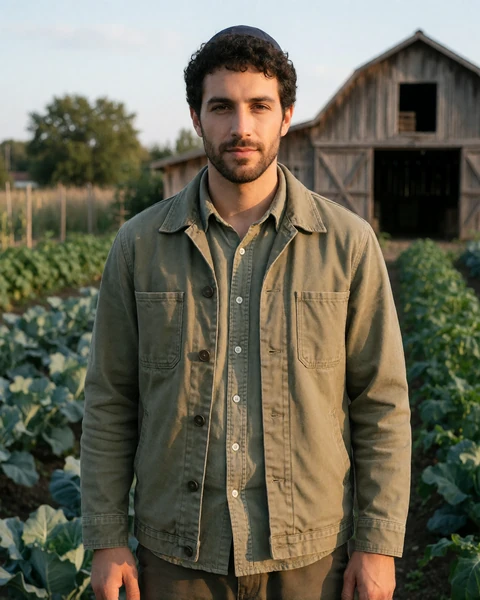 Adult Jewish man farmer wearing a kippah in a vegetable field for rural dating