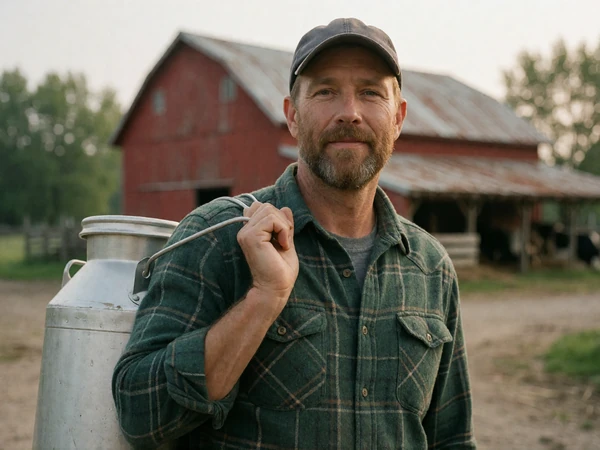 Adult man in a green flannel shirt carrying a stainless steel milk pail across a Wisconsin dairy farmyard