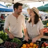 Adult couple laughing together at a farmers market stall