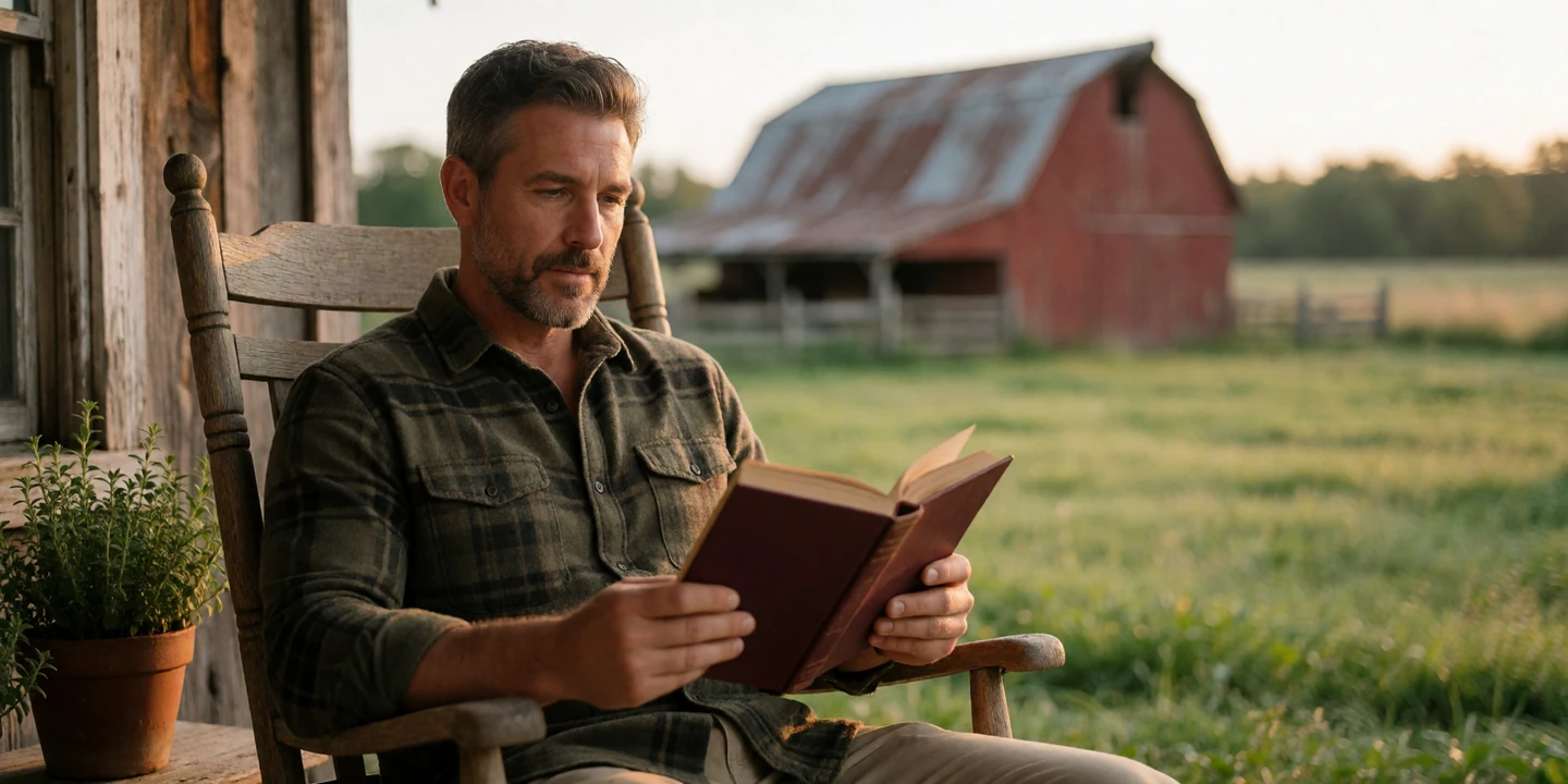 Adult man in a flannel shirt reading a book on a farmhouse porch at golden hour