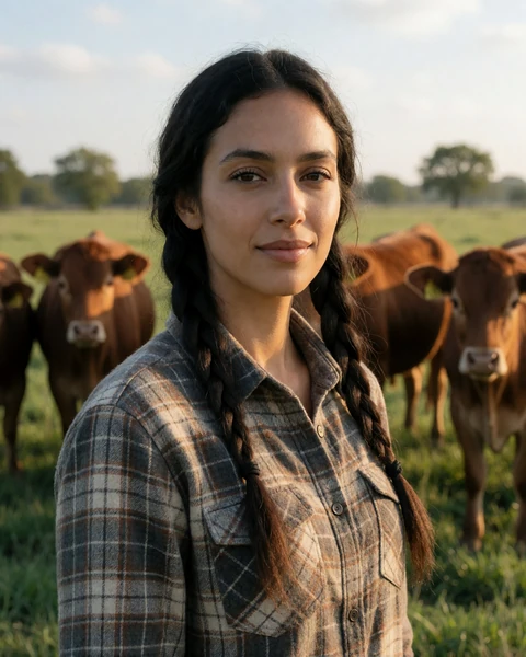 Adult woman in a plaid flannel shirt standing near cattle in a green Texas field