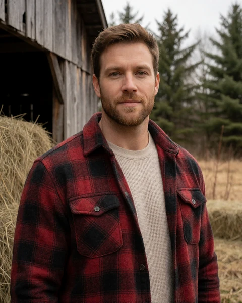 Adult man farmer in a thick flannel shirt outside a wooden Maine barn for farmers dating