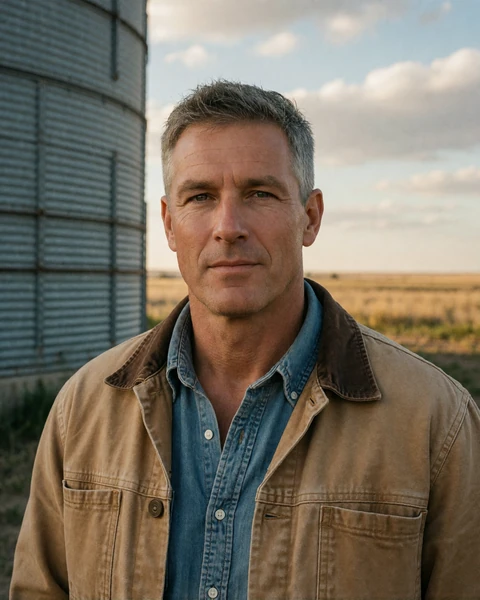 Adult man in a canvas work jacket standing near a tall metal grain silo in Nebraska