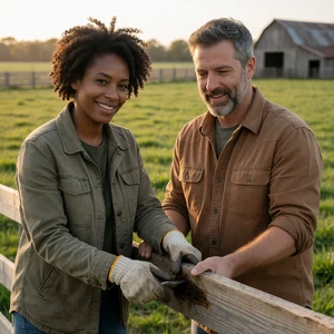 Adult rural couple repairing a wooden pasture fence together on a farm