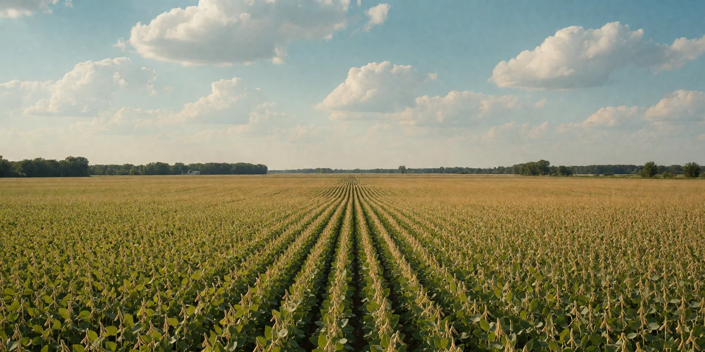 Vast Illinois soybean field under a blue sky with fluffy white clouds on a summer day