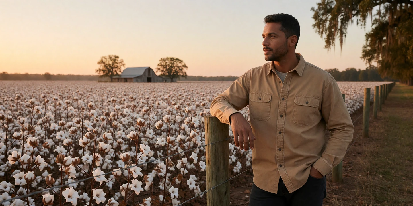 Adult Alabama farmer leaning on a fence beside a cotton field at sunset
