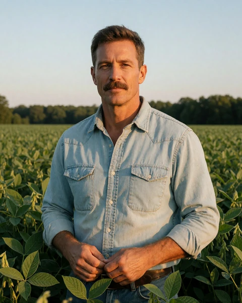 Adult man farmer with a mustache standing in a field of soybeans on a North Carolina farm