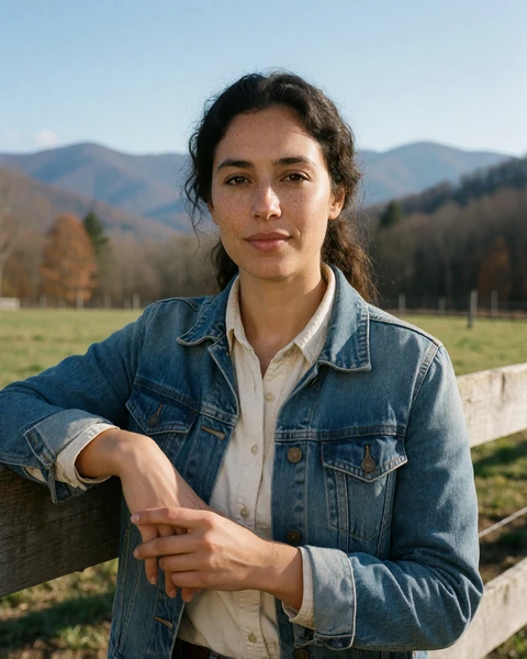 Adult woman farmer in a denim jacket leaning on a fence in the West Virginia mountains