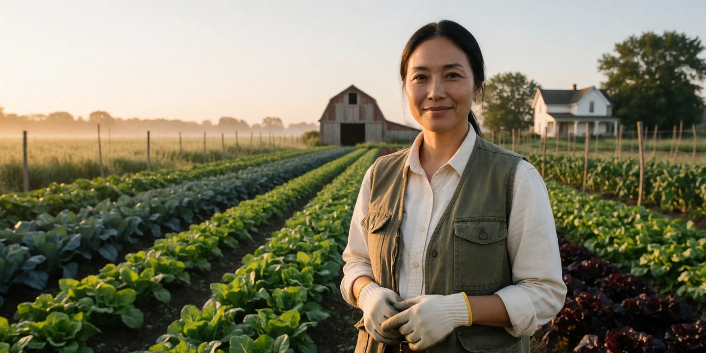 Asian woman farmer smiling in a sunrise vegetable field for Asian farmers dating