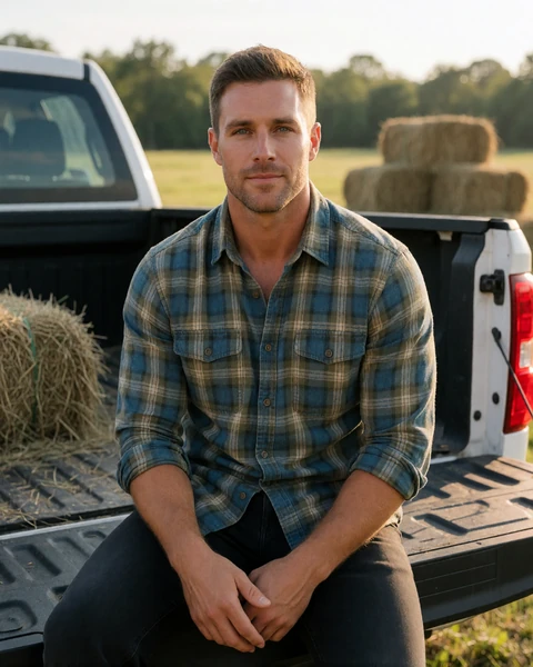 Adult man in a plaid shirt sitting on a pickup tailgate near Alabama pastureland