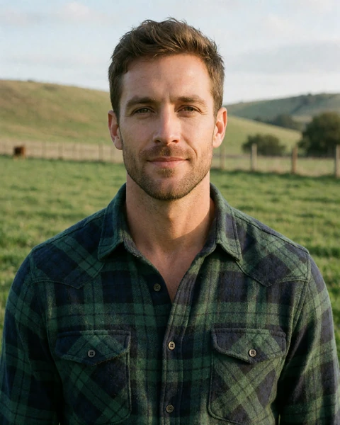 Adult man in a plaid flannel shirt standing in a green cattle pasture in Iowa