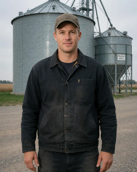 Man in a work jacket standing before grain silos for blue collar dating in agriculture