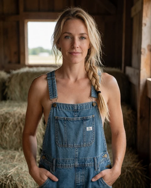 Adult woman wearing denim overalls standing inside a wooden Iowa barn