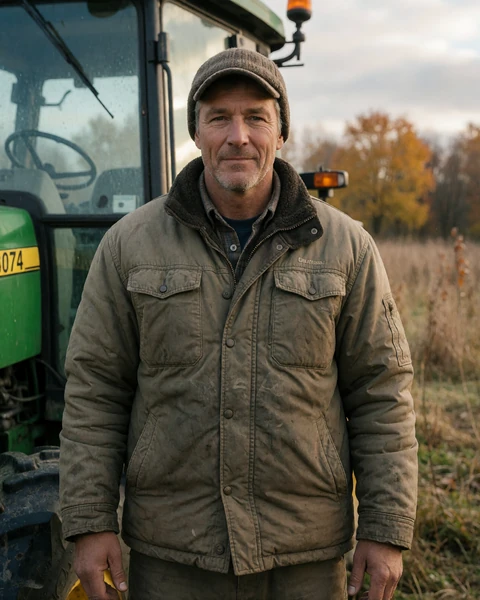 Adult man farmer in a heavy jacket and knit cap standing by a green tractor in a Minnesota farmyard