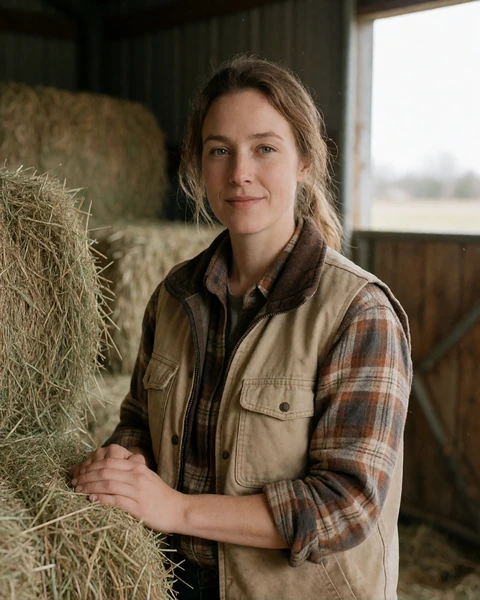 Adult woman dairy farmer with light brown hair standing beside hay bales in a Minnesota barn