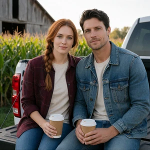 Adult farm couple drinking coffee on a pickup tailgate in a cornfield setting