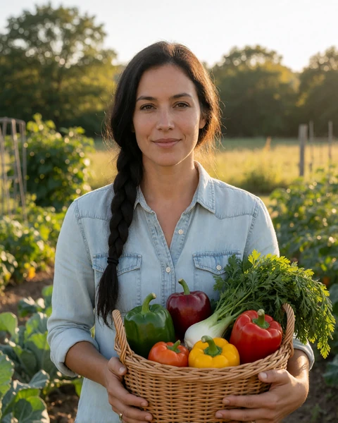 Adult woman farmer with a braid holding a basket of fresh produce in an Arkansas garden